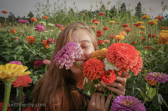 Angela in the Zinnias, Kerby, Oregon