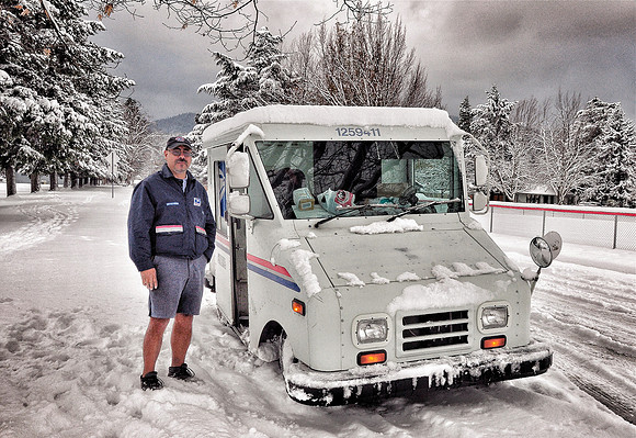 Postal Delivery in Ashland Snow, in shorts
