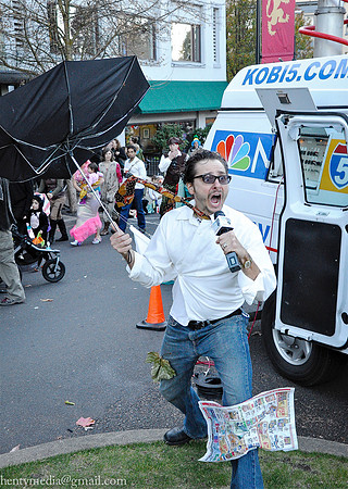 Fake weatherman reporting during Halloween, Ashland Oregon